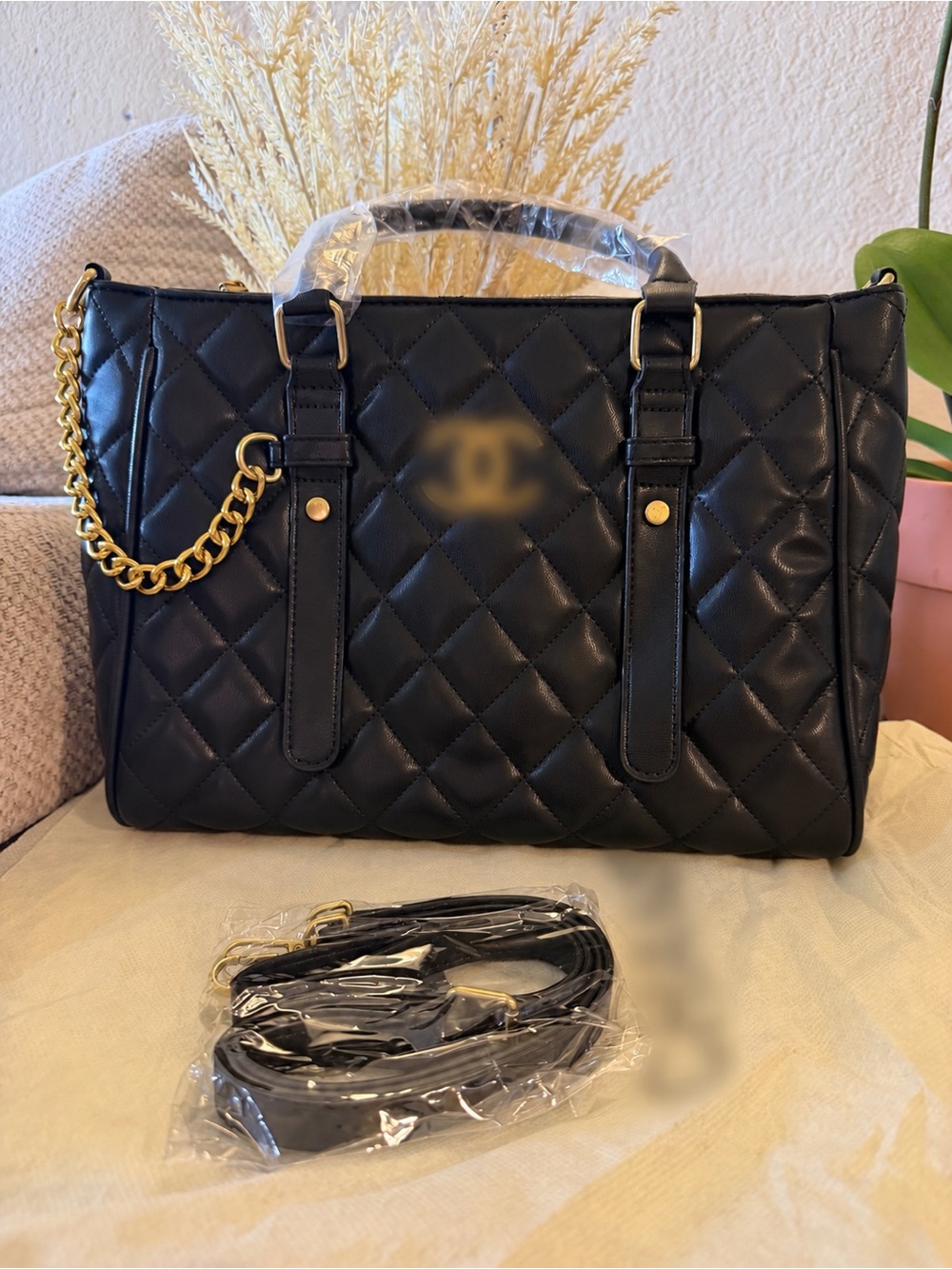 Unlisted Black Quilted Satchel with Gold Chain Accent